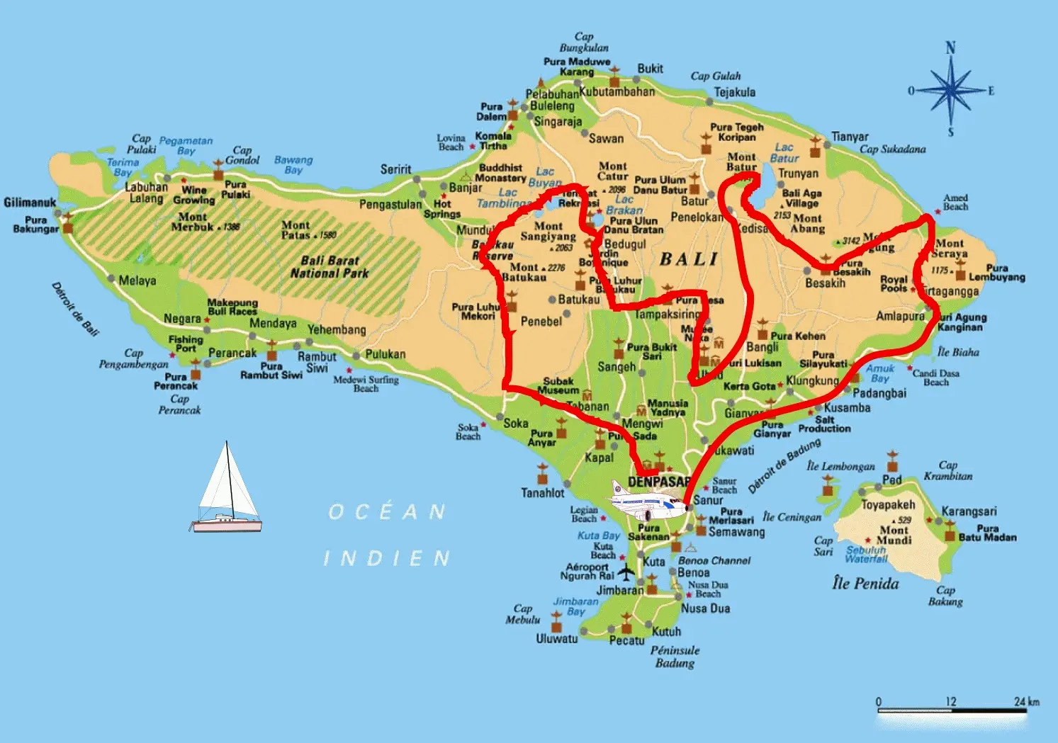 The Bali circuit map La carte du circuit à bali